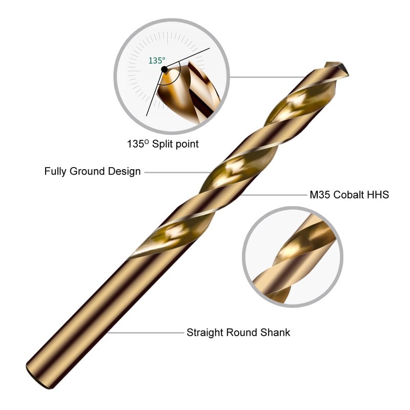 Narwhal 15/32 Inch Cobalt Drill Bits (3 Pack - Industrial Grade M35 Cobalt) 6" Length & 135 Degree Split Point for Drilling Into Metal, Hardened & Stainless Steel, Cast Iron, & More! - Image 3